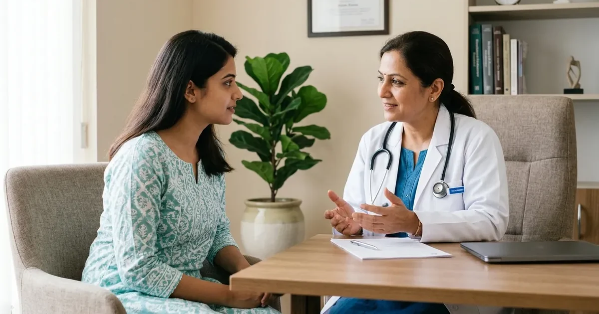 Woman consulting a gynaecologist in Hyderabad about hormonal imbalance symptoms